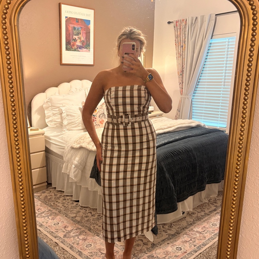 Anthropologie Strapless Brown and White Plaid Dress